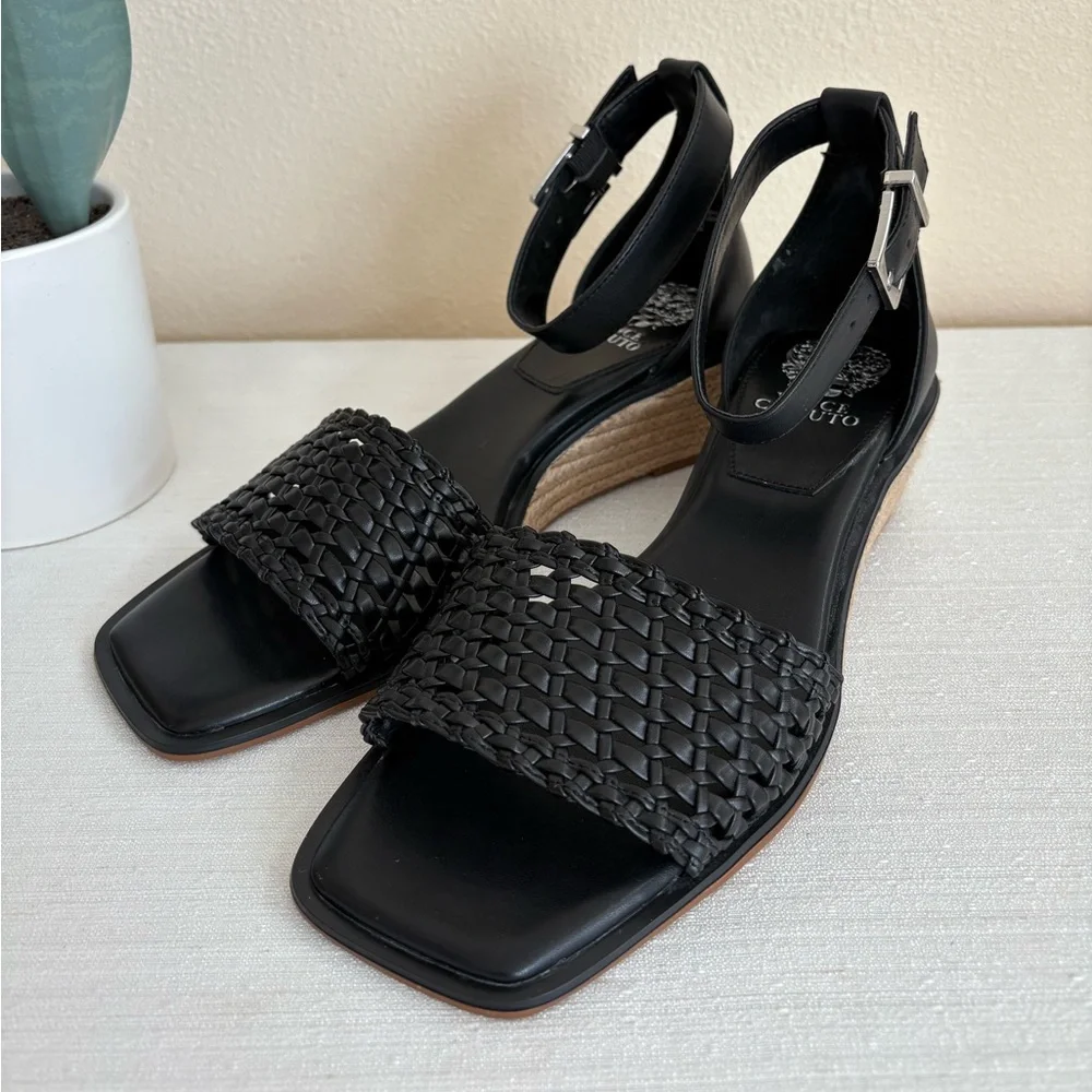 Black Woven Ankle Strap Wedge Sandals - Brand: